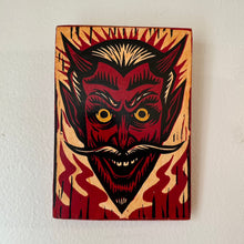 Load image into Gallery viewer, Devil Linocut Art Print on Wood - Goth Home Decor - Weirdcore - Block Prints - Halloween Gift - Horror Art