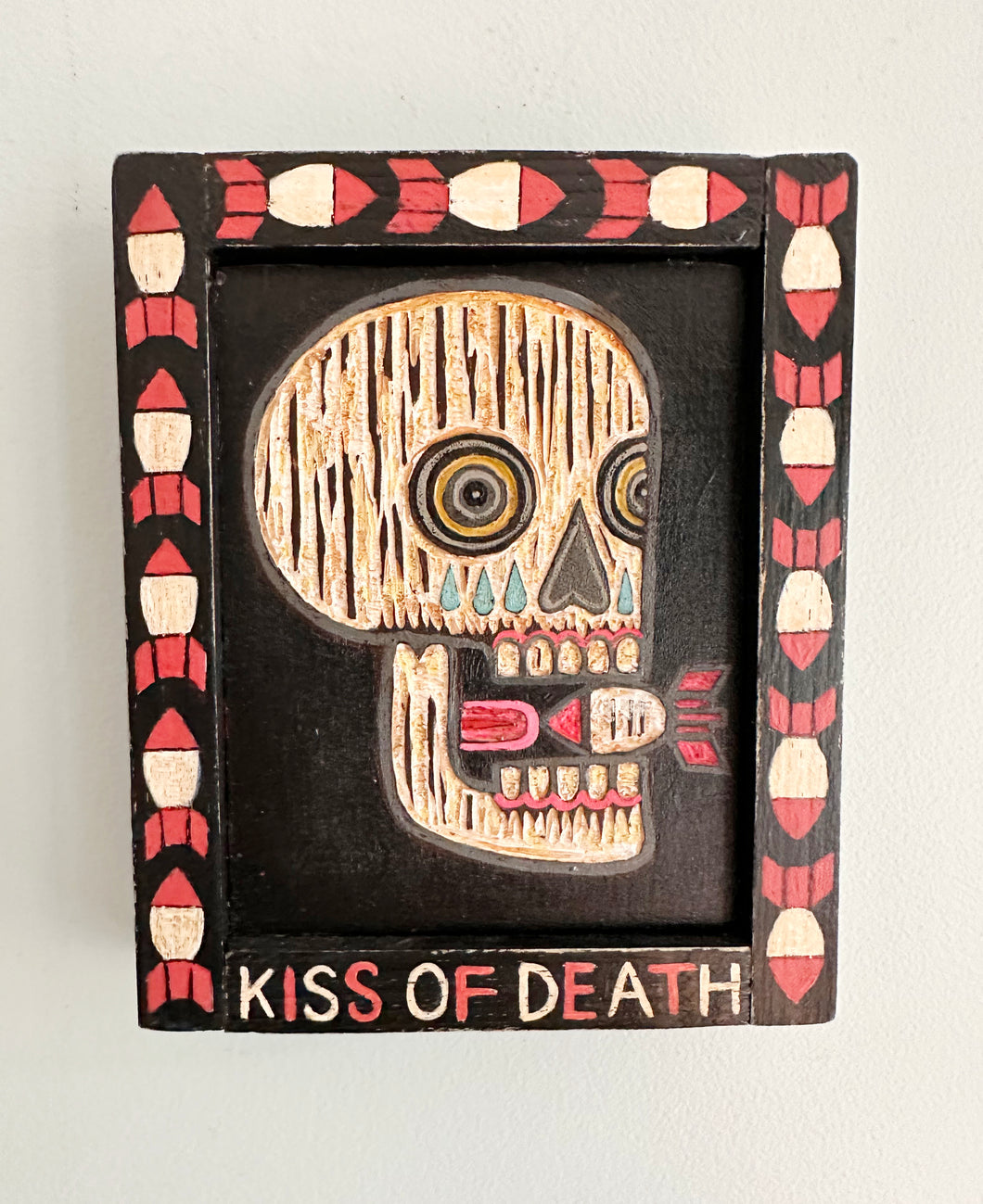 Kiss of Death-  Original Carved Wood Painting - Skull with Atomic Bomb