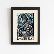 Load image into Gallery viewer, Framed artwork of a mermaid with 'La Estrella' text on a white background