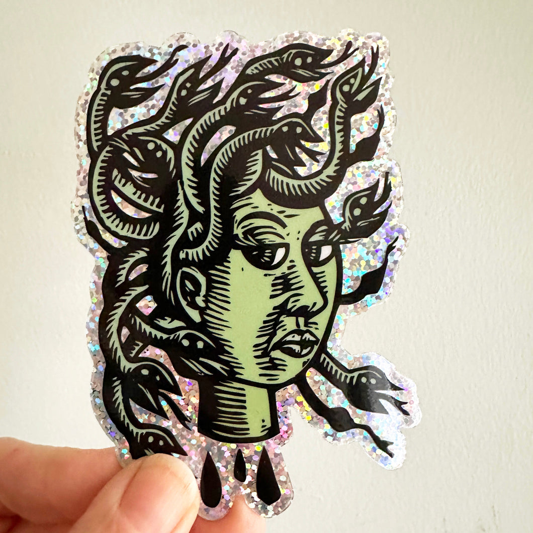 Medusa Linocut Art Glitter Sticker, Vinyl, Waterproof Sticker, Sticker for Waterbottle, Mythology Sticker, Funny Stickers