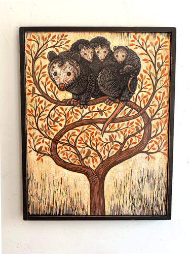 Opossum Mama with Babies, Carved Wood Original Artwork