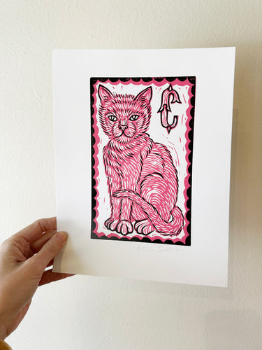 Pink Cat Linocut Print