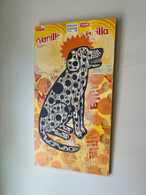 Load image into Gallery viewer, Black and white spotted dog print on mixed media, reused vanilla wafer packaging with acrylic paint, and abstract background. 