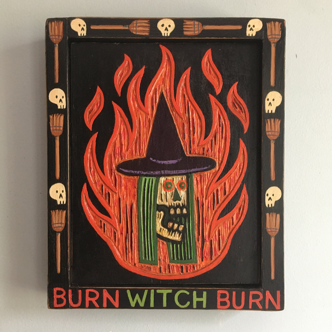 Burn Witch Burn Carved Wood Painting 