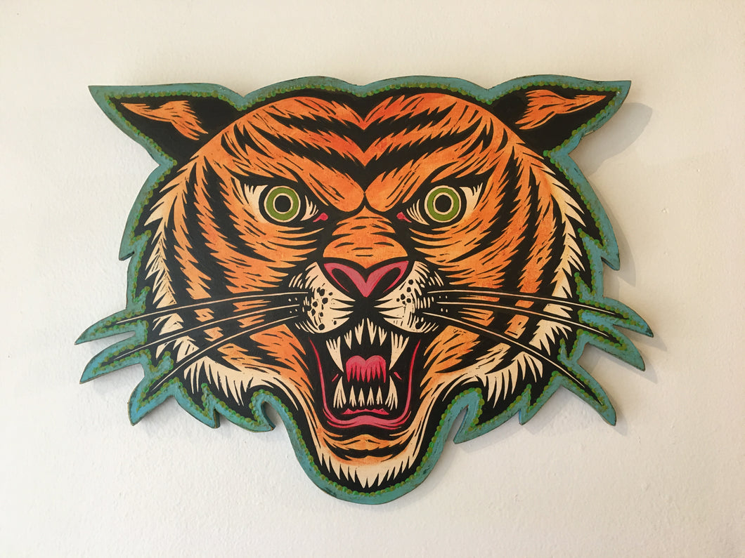 Tiger Head Wall Art Woodcut Cutout Mixed Media Artwork