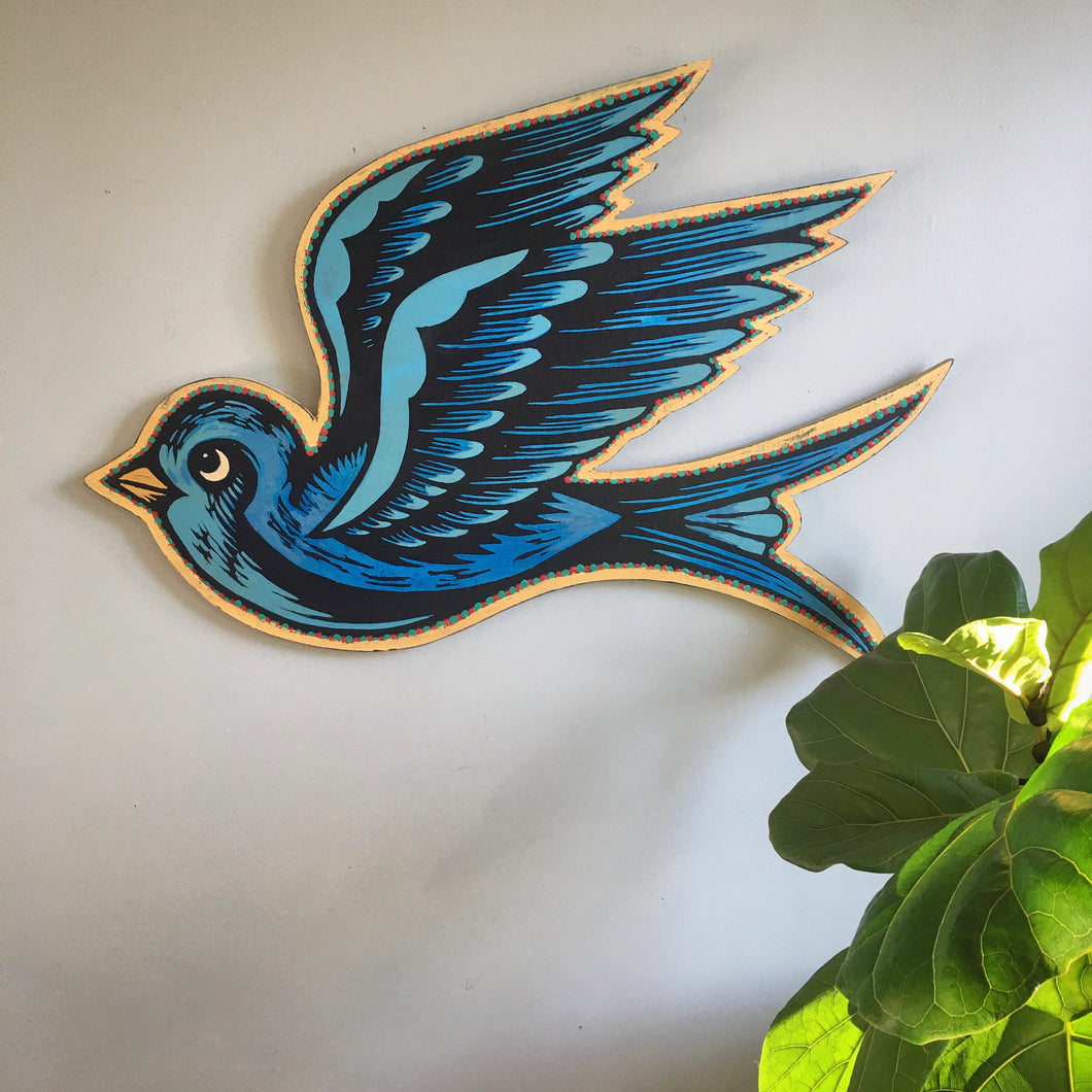 Tattoo Style Swallow Bird Wall Art - Woodcut Print on Wood Cutout