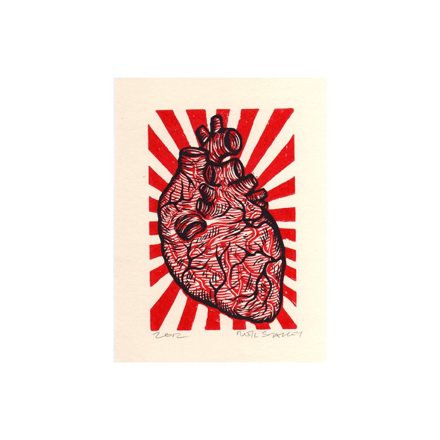 Anatomical Heart with Rays Linocut Print in Red and Black