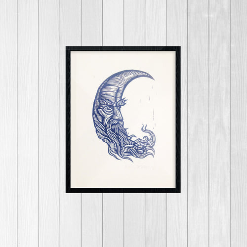 Blue Man in Moon Linocut Art Print 