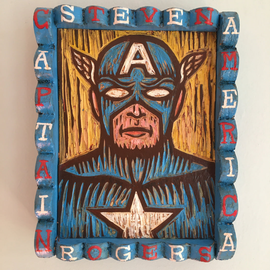 Captain America carved wood painting, superhero artwork