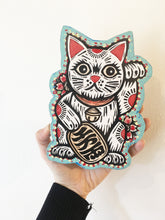 Load image into Gallery viewer, Maneki Neko Lucky Cat Linocut on Wood Wall Art