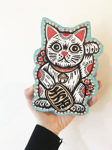 Maneki Neko Lucky Cat Linocut on Wood Wall Art