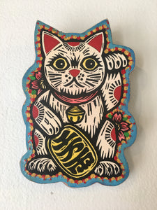 Maneki Neko Lucky Cat Linocut on Wood Wall Art