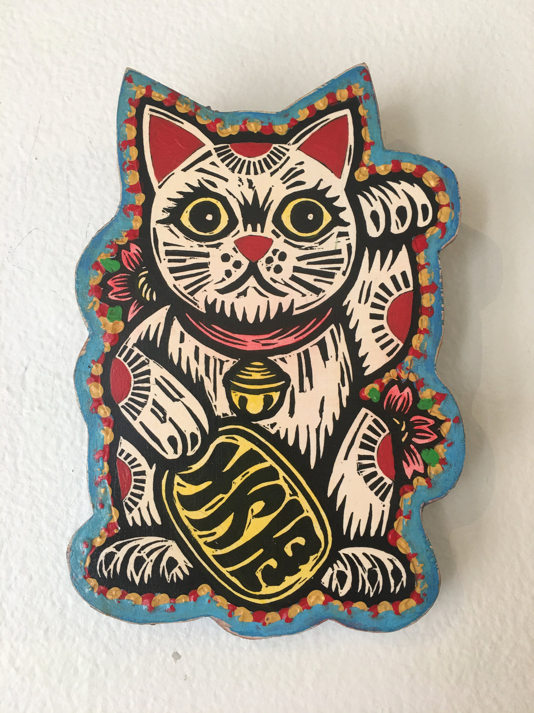 Maneki Neko Lucky Cat Linocut on Wood Wall Art