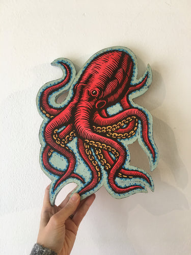 Ocean Animal Wall Art - Octopus Woodcut Print on Wood - Mixed Media Artwork