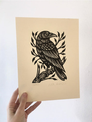 Perched Raven Linocut