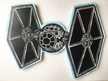 Load image into Gallery viewer, Tie Fighter Woodcut Print on Wood Cutout - Unique Gift for Him - Man Cave Decor