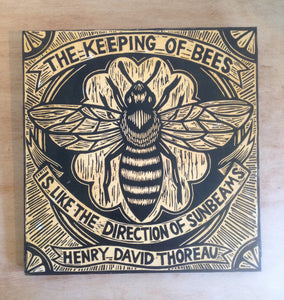 Woodcut Bee Art - Honey Bee Art Print - Henry David Thoreau Quote Woodcut Print on Wood - Mixed Media - Ready to Hang Art - Art Under 100