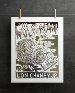 Wolf Man Poster Print - Woodcut Print - Werewolf Art  - Classic Horror Movie Art - Halloween Decor - Halloween Gift - Lon Chaney - Linocut