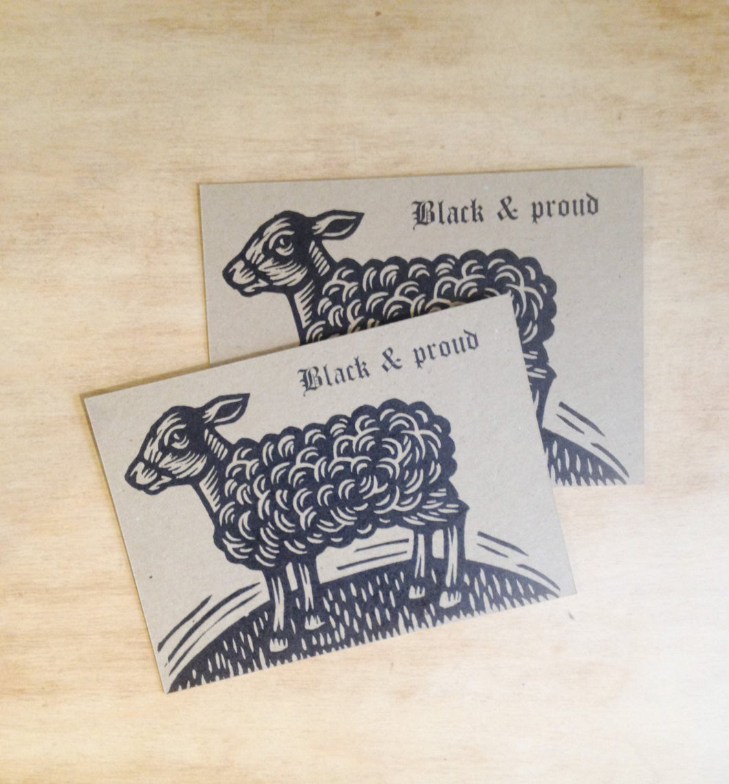 Postcards - Black Sheep Postcards - Black Sheep Letterpress Postcard, Linocut Letterpress Postcard - Black & Proud Postcard - Funny Postcard