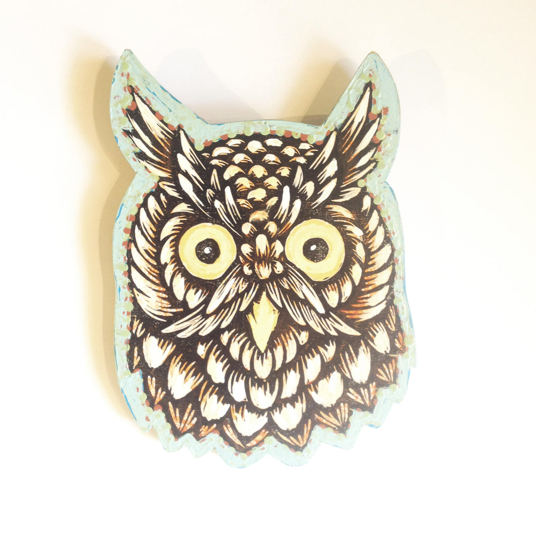 Owl Art - Linocut Print on Wood - Owl Painting - Home Decor - Woodland Animal Decor - Rustic Decor - Boho Decor - Ready to Hang Art -