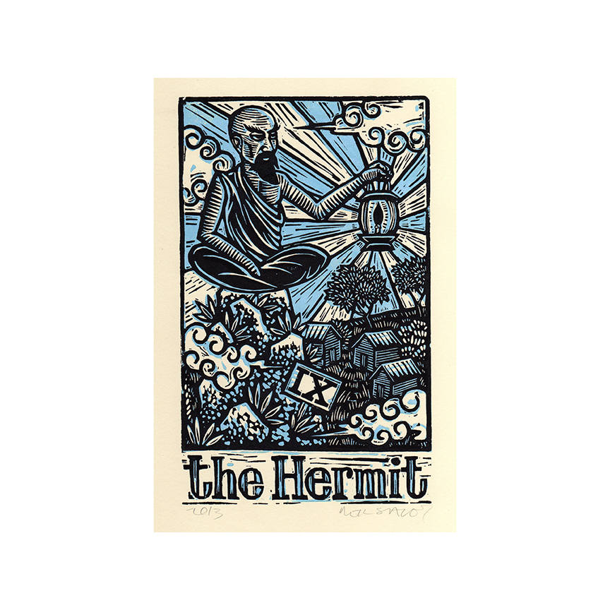 Tarot Art Print - Hermit Tarot Card Linocut - Tarot Print - Hermit Tarot Linocut Print - Occult Wall Art - Boho Decor - Fortune Telling