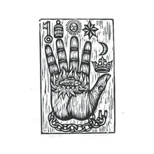 Load image into Gallery viewer, The Philosopher&#39;s Hand Woodcut Art Print - Hand of Mystery Print - Free Mason Art  - Home Decor - Woodblock Linocut Print - Occult Art