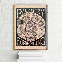 Load image into Gallery viewer, Palm Reading Woodcut Poster - Home Decor - Fortune Telling Art - Palmistry Print Art - Occult Art - Woodcuts - Prints - FREE US Shipping