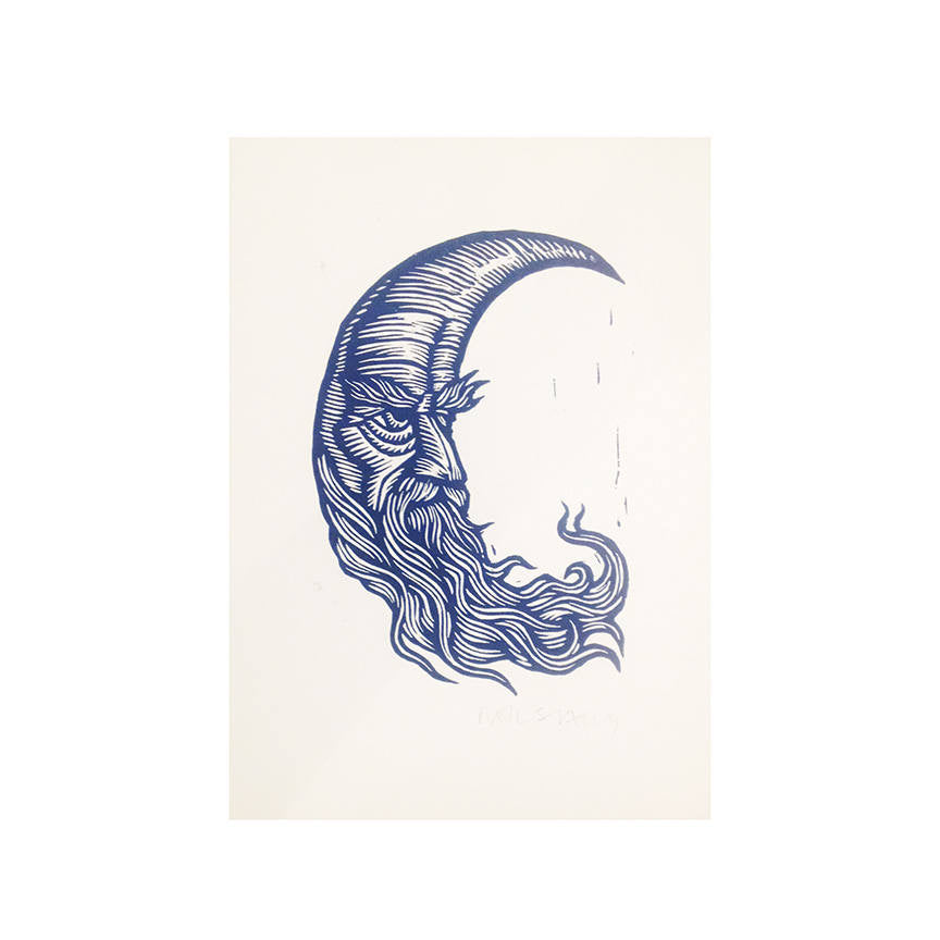 Moon Art Print - Hand Carved Linoleum Block Print - Hand Printed Linocut Art - Blue Moon Linocut - Man in the Moon Art - Crescent Moon Print