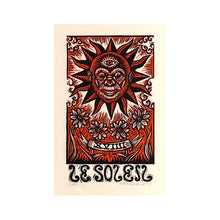Load image into Gallery viewer, Tarot Card Art Print -  Sun Tarot Card Wall Art - Sun Linocut - Art Print - Home Decor - Occult Art - Goth Art - Divination Art - Art Prints