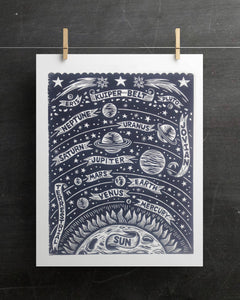 Solar System Woodcut  Print - 18 x 24 inches