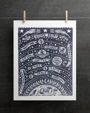 Load image into Gallery viewer, Solar System Woodcut Art Print - Astronomy Home Decor - Stars and Planets Wall Art - 18x24 Print