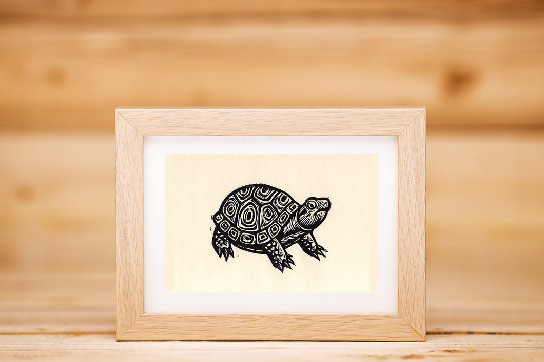 Turtle Linocut Art Print - Hand Printed Original Linocut Turtle - Black Turtle on Ivory Paper - Animal Linocuts - Original Turtle Artwork