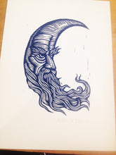 Load image into Gallery viewer, Moon Art Print - Hand Carved Linoleum Block Print - Hand Printed Linocut Art - Blue Moon Linocut - Man in the Moon Art - Crescent Moon Print