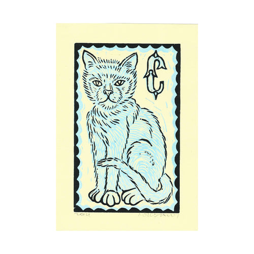 Cat Linocut Print - Blue