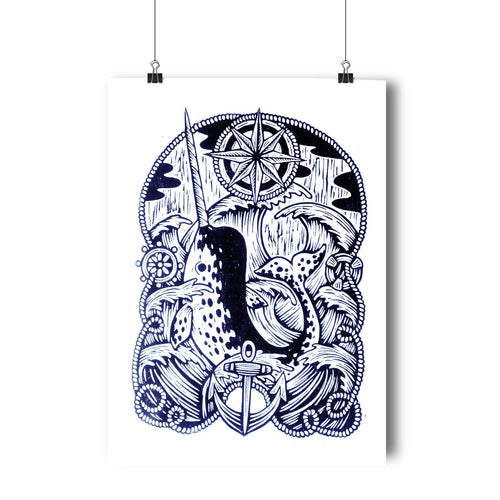 Woodcut Prints - Narwhal Art - Beach House Art - Narwhal Artwork - Narwhal Home Decor - Ocean Art - Nautical Art - Sea Animals Home Decor