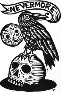 The Raven Art Print - Edgar Allan Poe Linocut - Goth Art - Library Decor - Home Decor - Literary Art - Prints - Skull Art - Raven Art Prints