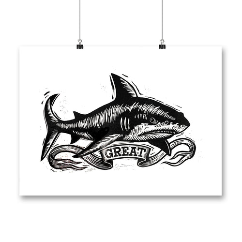 Shark Woodcut Block Print - Art Print - Great White Shark - Jaws - Wall Decor - Home Decor - Beach House - Original Artwork - Kid's Room Art