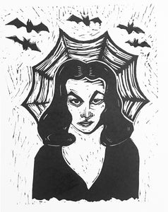 Vampira Art Print - Halloween Art - Linocut Print - Home Decor - Goth Art - Vampire Art - Bat Art - Horror Fan Art - Linocuts - Block Print