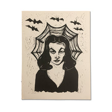 Load image into Gallery viewer, Vampira Art Print - Halloween Art - Linocut Print - Home Decor - Goth Art - Vampire Art - Bat Art - Horror Fan Art - Linocuts - Block Print