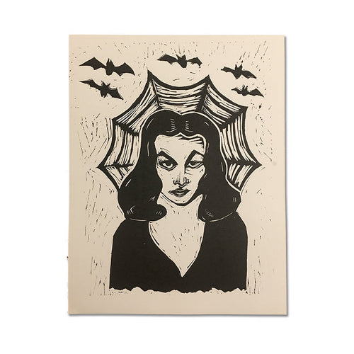 Vampira Art Print - Halloween Art - Linocut Print - Home Decor - Goth Art - Vampire Art - Bat Art - Horror Fan Art - Linocuts - Block Print