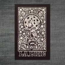 Load image into Gallery viewer, Patches for Denim Jackets - Backpack Patches - Tarot Card Patch - Crust Punk Patch - Moon Tarot - Black and White Screen Printed Patches