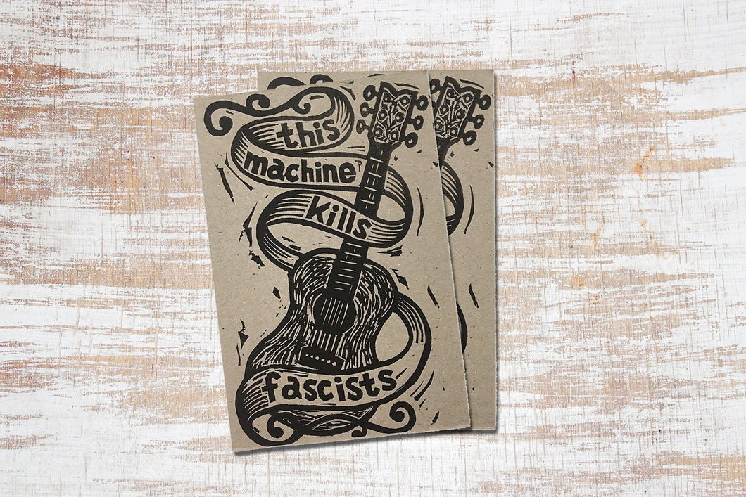 This Machine Kills Fascists Guitar Postcard, Hand Printed Letterpress Postcard, Woody Guthrie Tribute