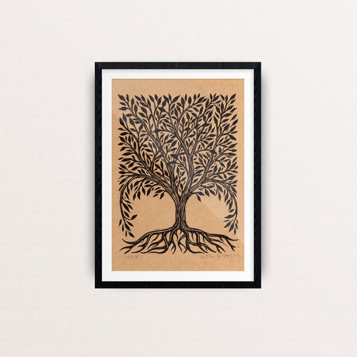 Tree Artwork - Rustic Home Decor - Tree Linocut Art Print - Vintage Style Tree Art