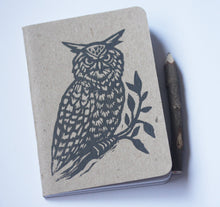 Load image into Gallery viewer, Owl Notebook - Bullet Journal Notebook - Travel Notebook - Pocket Journal - Woodland Owl Linocut - Pocket Notebook - Hand Printed Journal