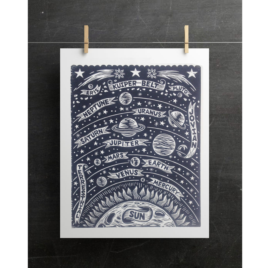 Solar System Woodcut Art Print - Astronomy Home Decor - Stars and Planets Wall Art - 18x24 Print