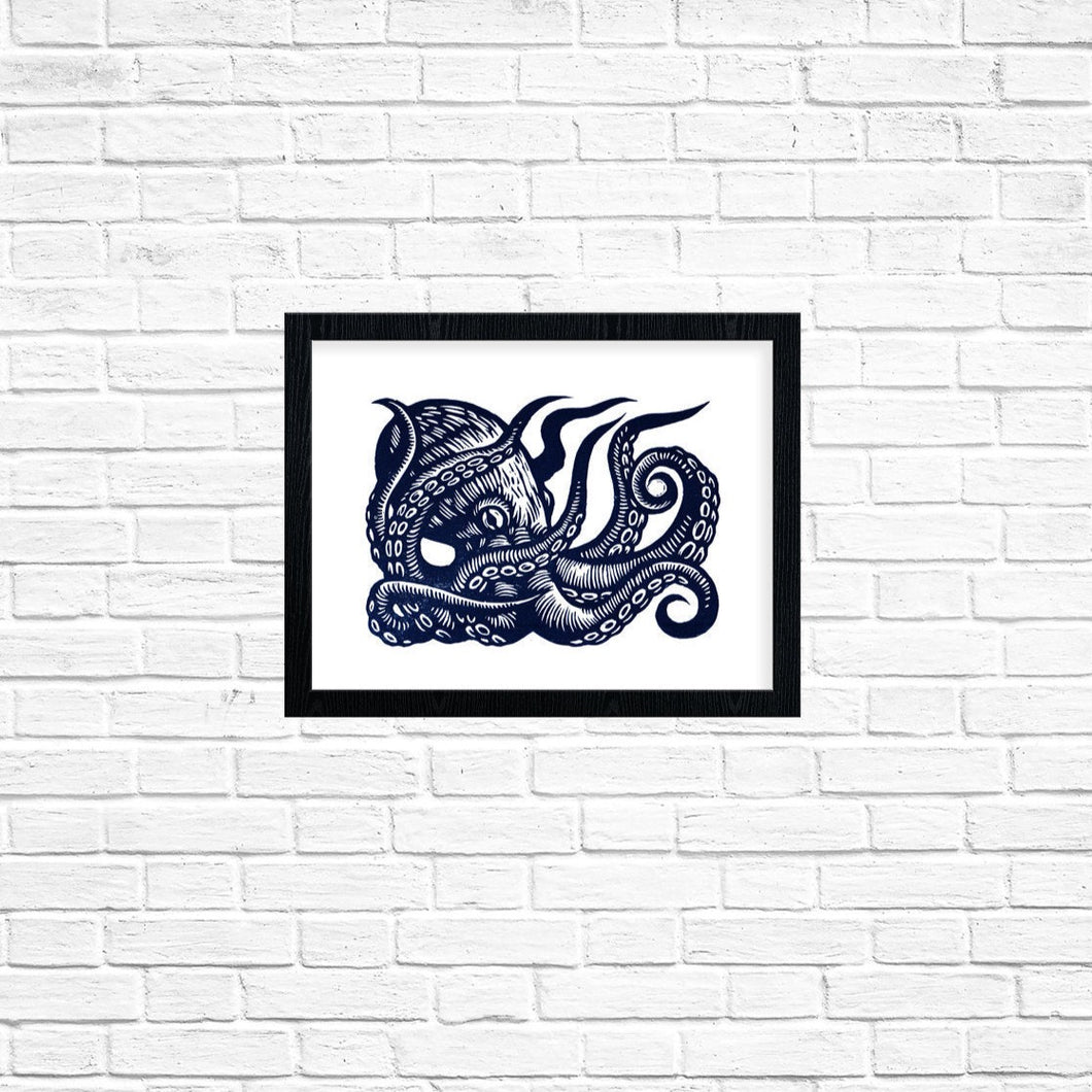 Octopus Art - Octopus Linocut Art Print - Octopus Wall Art - Octopus Linoleum Block Print -  Nautical Art