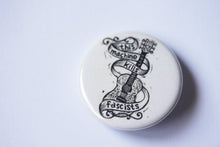 Load image into Gallery viewer, This Machine Kills Fascists Woody Guthrie Button - Guitar Button - Pins - Buttons - Music Button - Political Button - Linocut Art Button
