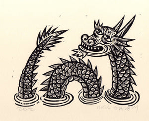 Sea Dragon Linocut Art Print- Loch Ness Monster Linocut-  fantasy, nautical wall decor, Print, Wall Art, Dragon Linocut Lino Print