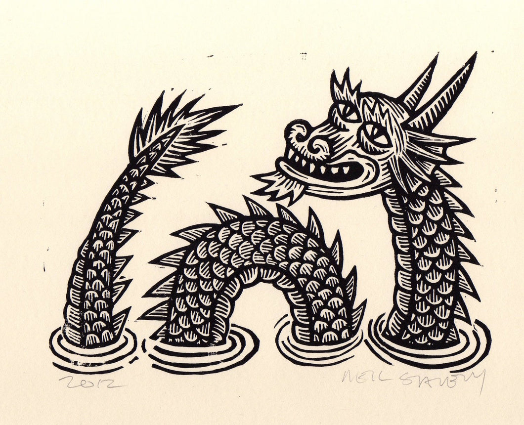 Sea Dragon Linocut Art Print- Loch Ness Monster Linocut-  fantasy, nautical wall decor, Print, Wall Art, Dragon Linocut Lino Print