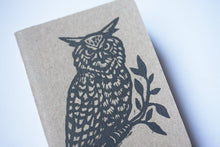 Load image into Gallery viewer, Owl Notebook - Bullet Journal Notebook - Travel Notebook - Pocket Journal - Woodland Owl Linocut - Pocket Notebook - Hand Printed Journal